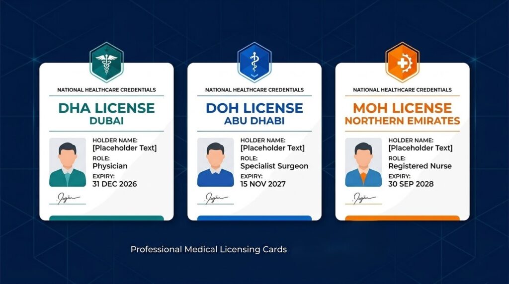 DHA DOH and MOH UAE medical license cards showing each authority and emirate coverage