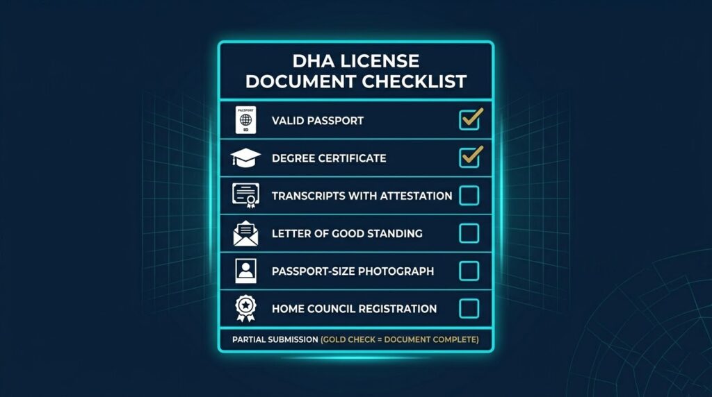 DHA license required documents checklist 2026 Good Standing Certificate Passport DataFlow verification