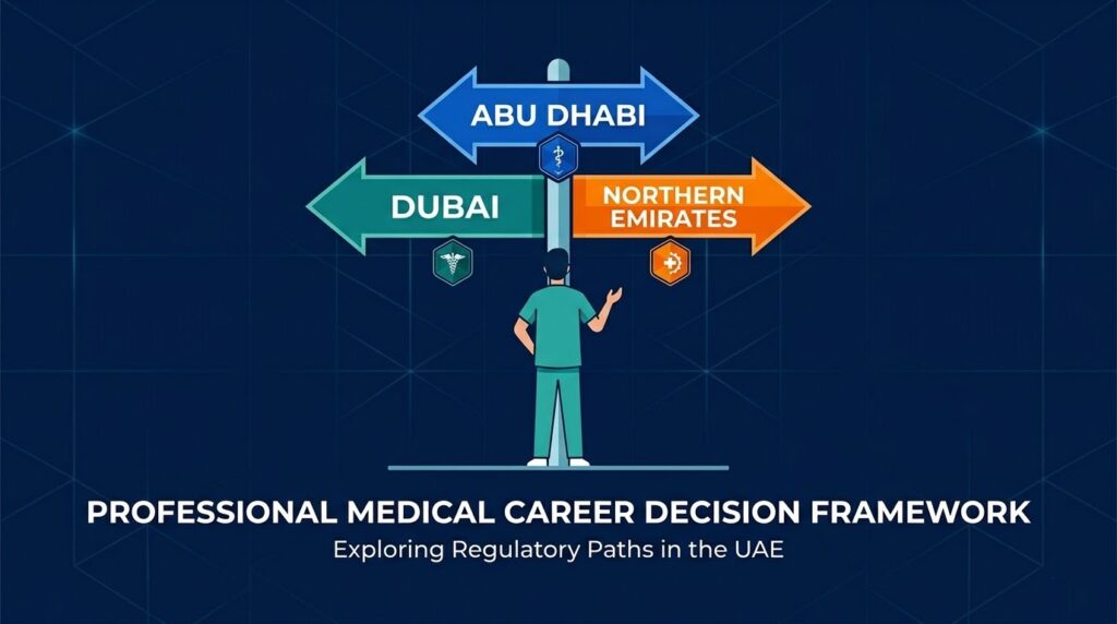 Healthcare professional choosing between DHA Dubai, DOH Abu Dhabi, and MOH Northern Emirates license