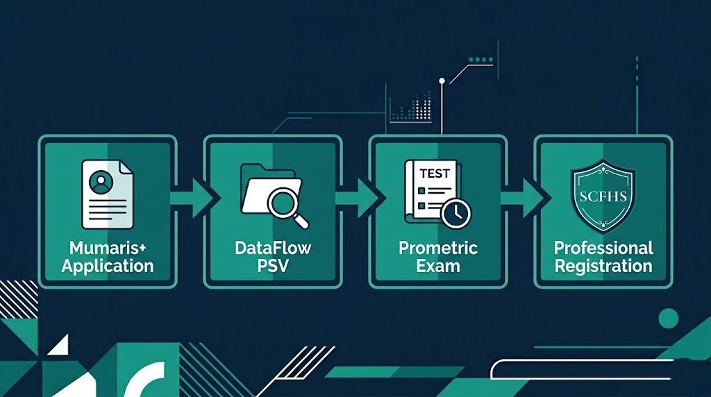 SCFHS licensing process steps, Mumaris+ DataFlow Prometric registration for doctors