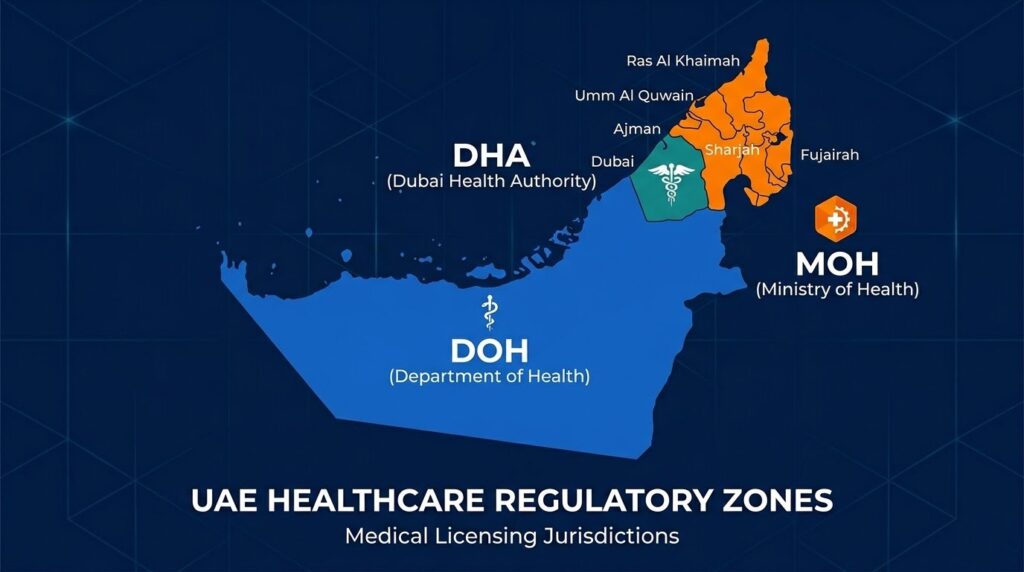 UAE map showing DHA Dubai, DOH Abu Dhabi, and MOH Northern Emirates coverage zones
