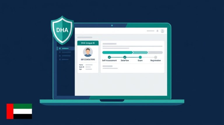 Sheryan DHA portal guide showing account setup and license application steps for healthcare professionals in Dubai