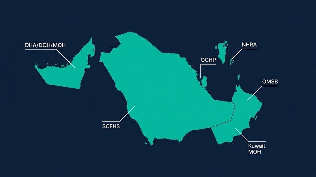 GCC countries requiring DataFlow verification — DHA, DOH, MOH, SCFHS, QCHP, NHRA, OMSB, Kuwait MOH map