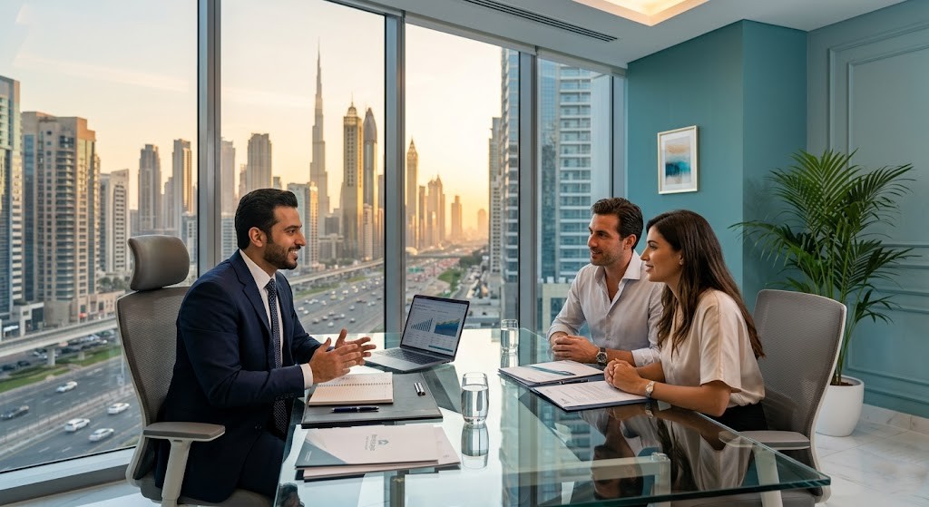 City Mortgage advisor meeting with property buyer in modern Dubai office